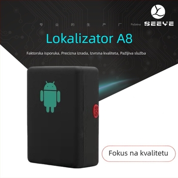 GPS trag A8 sa SOS alarmom i alarmom za ogradu, dimenzije 43×32×14 mm, trajanje baterije 3–5 dana, GPS/LBS pozicioniranje 50–200 m