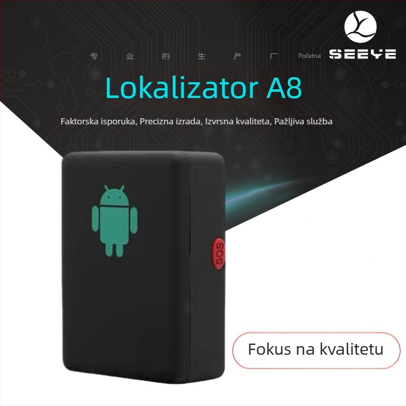 GPS trag A8 sa SOS alarmom i alarmom za ogradu, dimenzije 43×32×14 mm, trajanje baterije 3–5 dana, GPS/LBS pozicioniranje 50–200 m