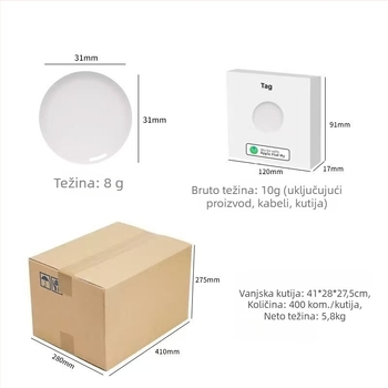 GPS locator za djecu, kućne ljubimce i torbe s glasovnim upozorenjem — kompatibilan s Apple iOS; 220 mAh; domet 50 m; težina 15 g; materijal PC