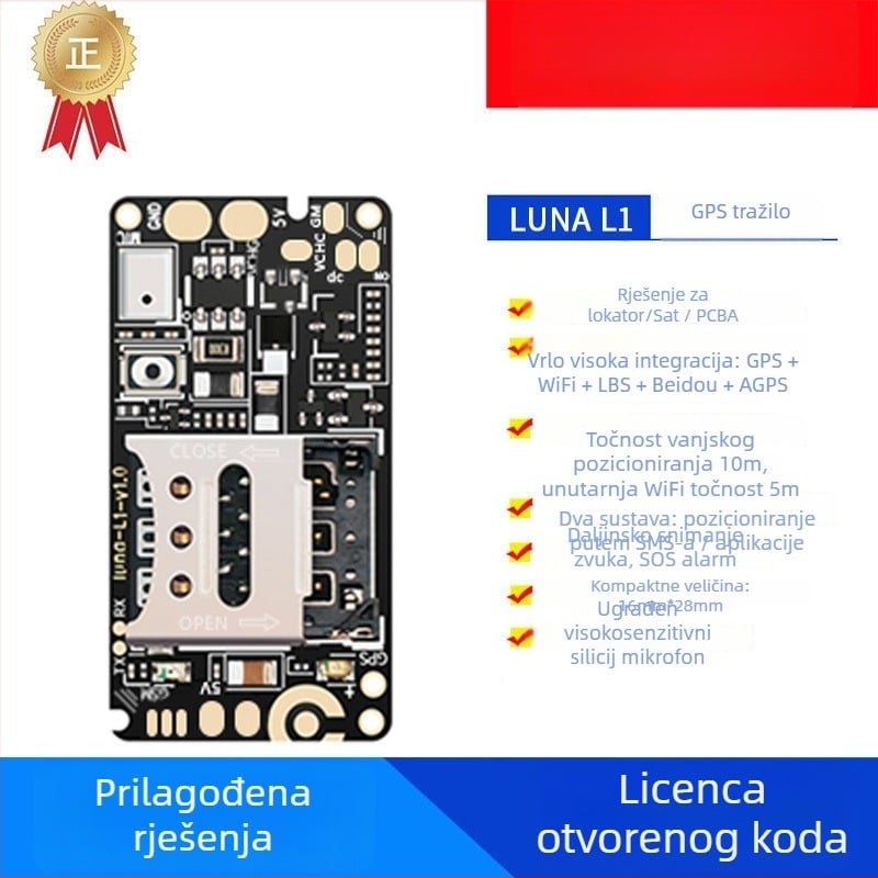 GPS locatorska glavna ploča – modul, instalacija bez potrebe, anti‑krađa, točnost pozicioniranja 10 m, 4 načina alarma ( vibracija, prekid napajanja, geozona, prekoračenje brzine), vodootporno kućište, model LUNA-L1