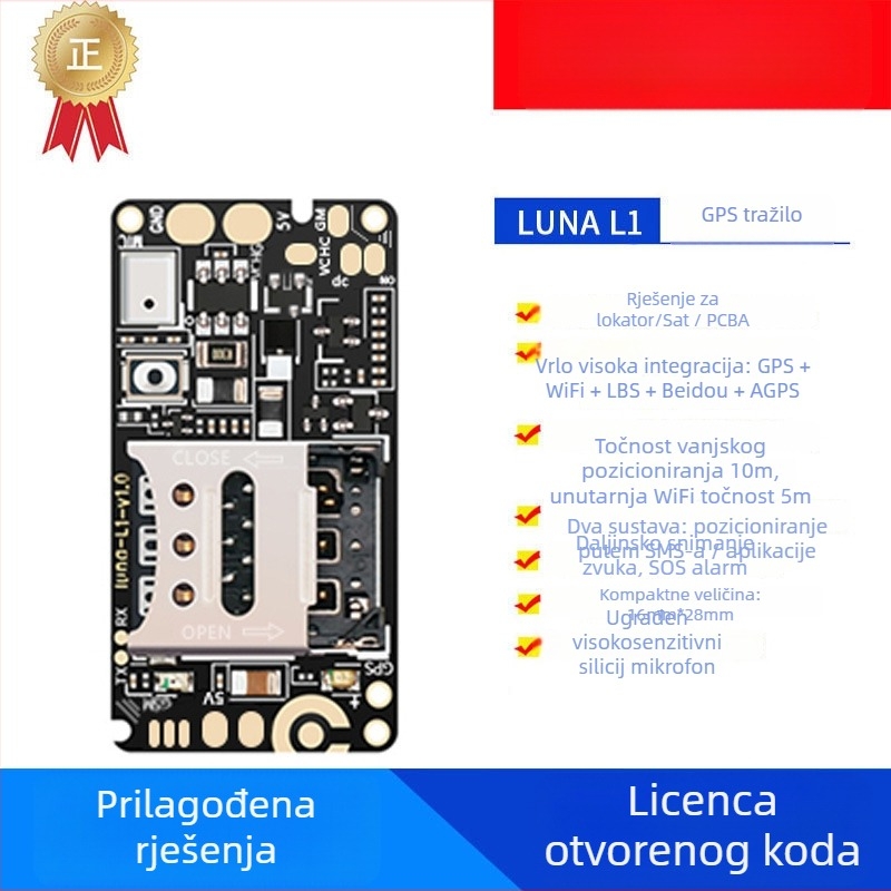 GPS locatorska glavna ploča – modul, instalacija bez potrebe, anti‑krađa, točnost pozicioniranja 10 m, 4 načina alarma ( vibracija, prekid napajanja, geozona, prekoračenje brzine), vodootporno kućište, model LUNA-L1