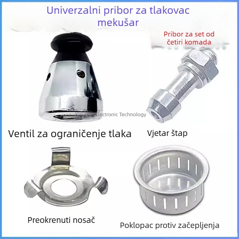 Univerzalni set dodatnih dijelova za lonac pod pritiskom (4 dijela): ventil za ograničenje tlaka, sigurnosni ventil, držač izlazne šipke, mrežasti kapak protiv začepljenja