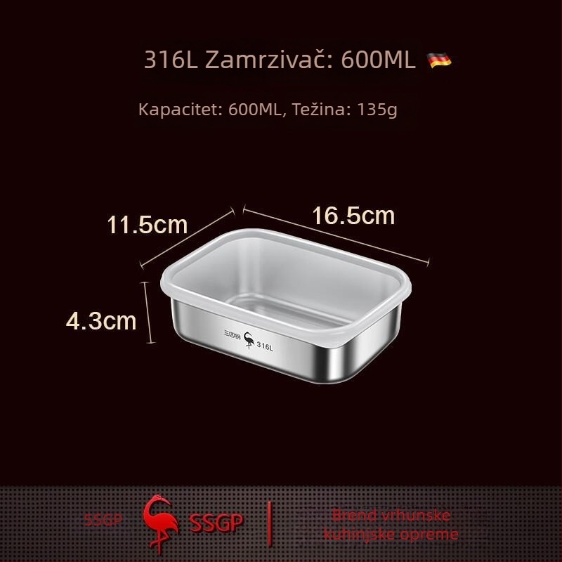 Kutija za hranu od 316L nehrđajućeg čelika, pravokutna, 500 ml, kompatibilna s mikrovalnom pećnicom, funkcija zamrzavanja