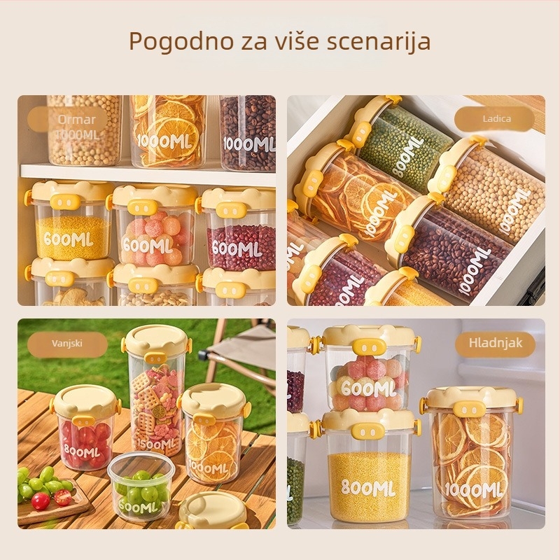 Kuhinjski plastični kvadratni spremnik s hermetičnim poklopcem za skladištenje žitarica, čaja, riže i brašna.