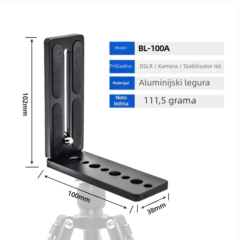 Pločica za brzo oslobađanje za kameru, L-tipa, univerzalna za DSLR i bez ogledala, aluminijska legura, nosivost 2-5 kg, težina 0,128 kg