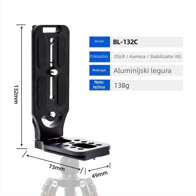 Pločica za brzo oslobađanje za kameru, L-tipa, univerzalna za DSLR i bez ogledala, aluminijska legura, nosivost 2-5 kg, težina 0,128 kg