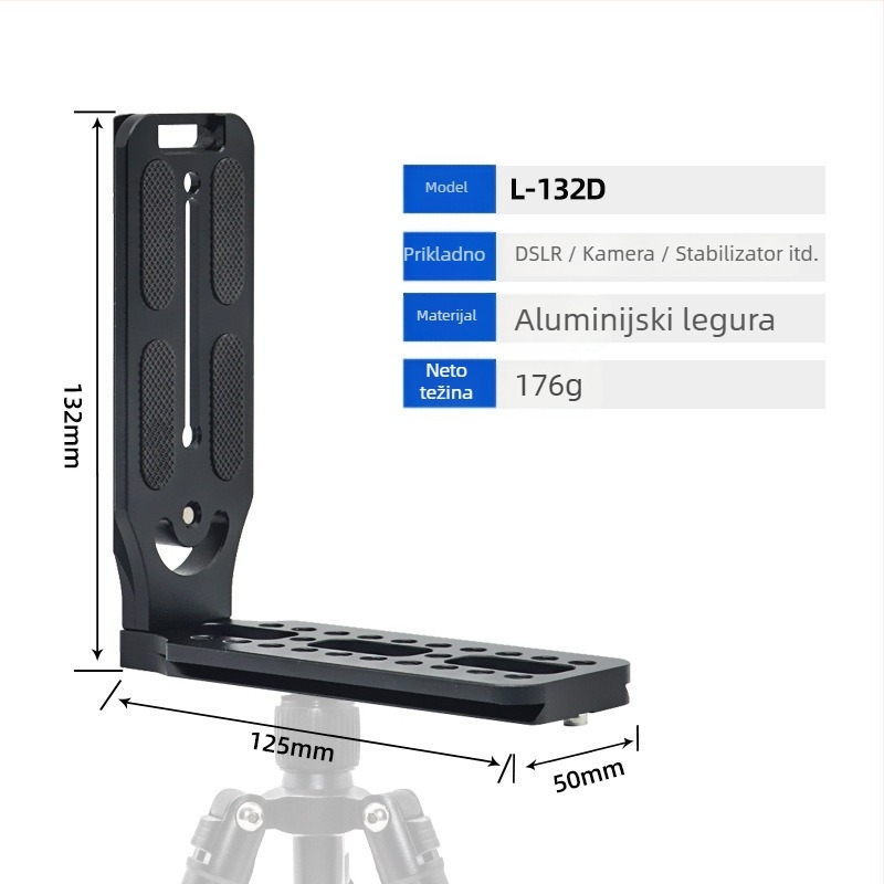 Pločica za brzo oslobađanje za kameru, L-tipa, univerzalna za DSLR i bez ogledala, aluminijska legura, nosivost 2-5 kg, težina 0,128 kg