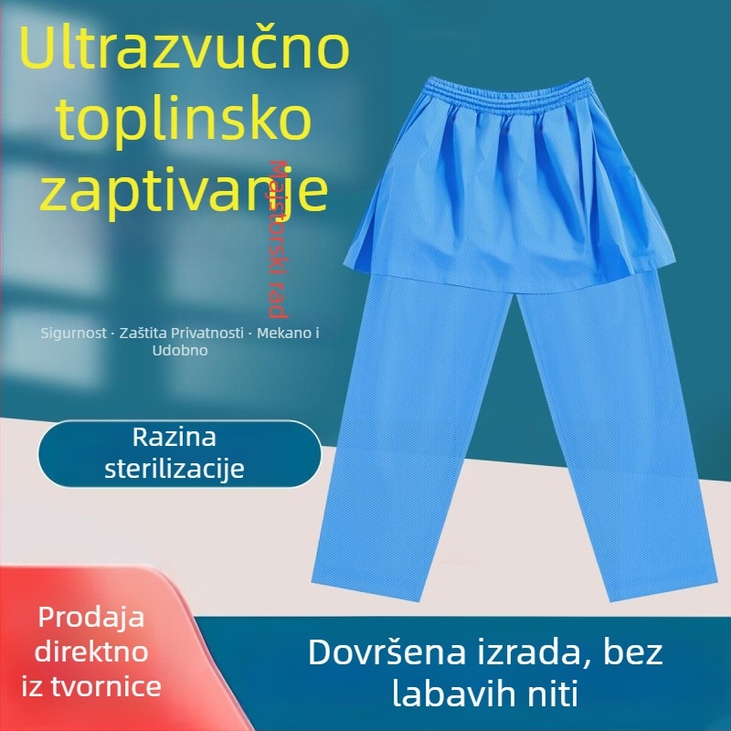 Jednokratne pantalone za anorektalni pregled u stilu pregače, od SMS netkanog materijala, s podstavom i ojačanim slojem, za bolničku upotrebu, s ultrazvučnim šivanjem.