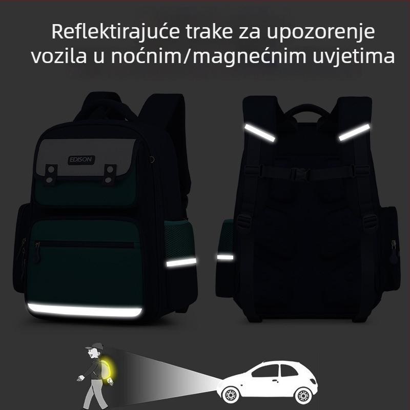 Osnovnoškolski ruksak s zaštitom kralježnice, dizajn za smanjenje težine, reflektirajuće trake, velik kapacitet, vodootporan