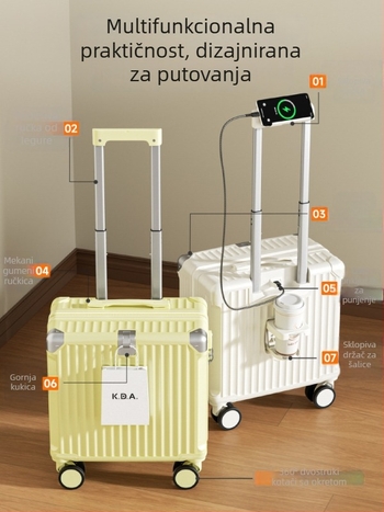 Unisex kofer od ABS+PC sa USB priključkom, držačem za čašu i telefonom, univerzalnim kotačima, običnom kombinacijskom bravom