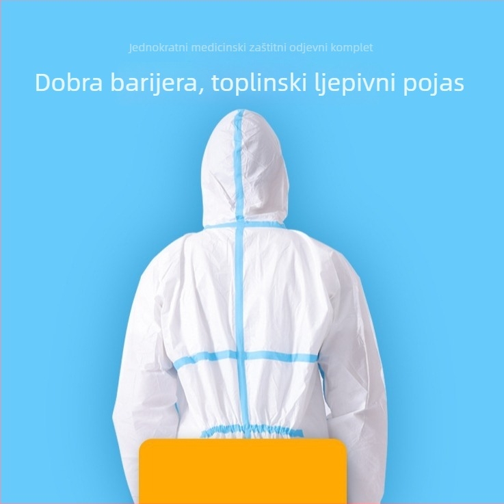 Jednokratno zaštitno odijelo s laminiranim PP+PE netkanim materijalom, kapuljačom i zaštitom za stopala, vodootporno