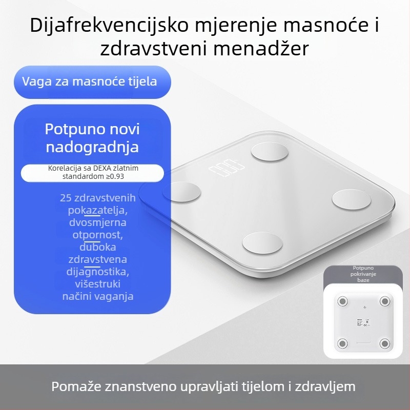 Vaga za tijelo s Bluetoothom, punjiva, 4 visoko precizna senzora, mjeri postotak tjelesne masnoće i tjelesnu vodu, raspon težine 0,2–180 kg