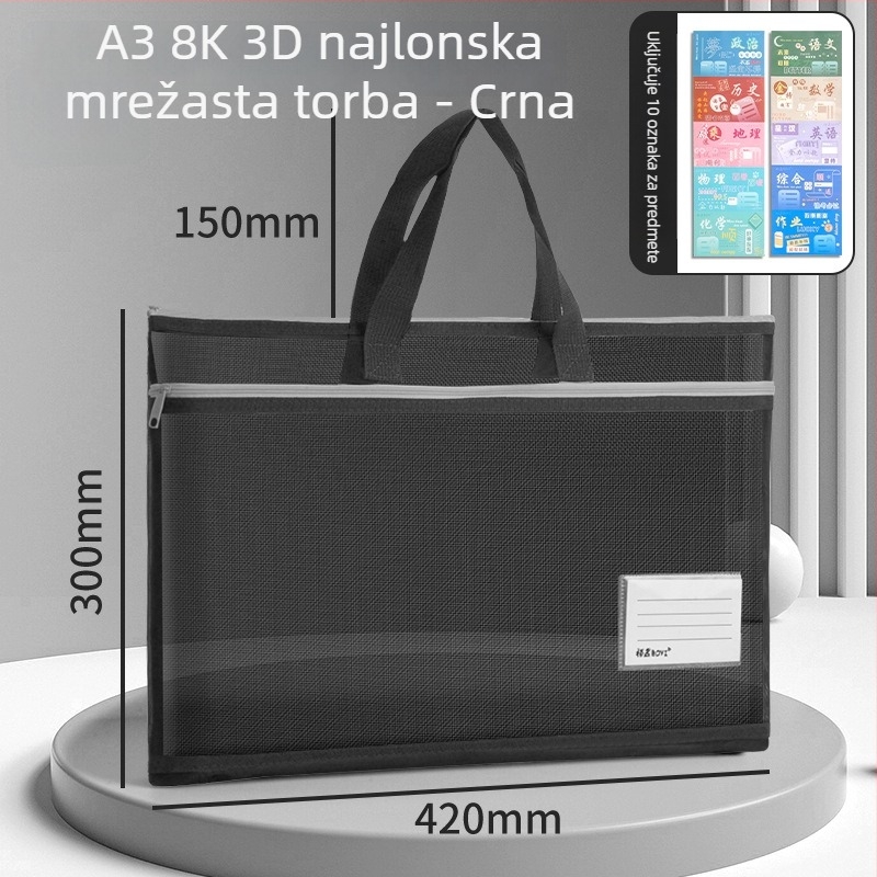 A3 torba za dokumente od najlona s mrežom, zatvarač, jednostavan stil, višestruka uporaba za ured i učenike