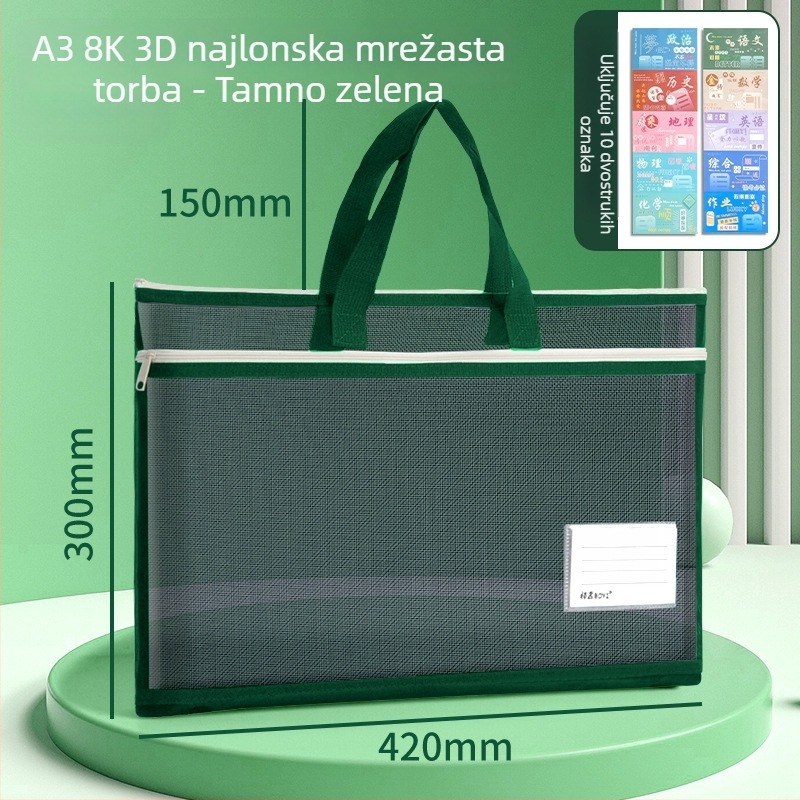 A3 torba za dokumente od najlona s mrežom, zatvarač, jednostavan stil, višestruka uporaba za ured i učenike