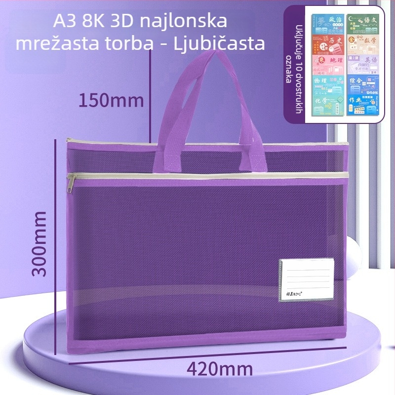 A3 torba za dokumente od najlona s mrežom, zatvarač, jednostavan stil, višestruka uporaba za ured i učenike