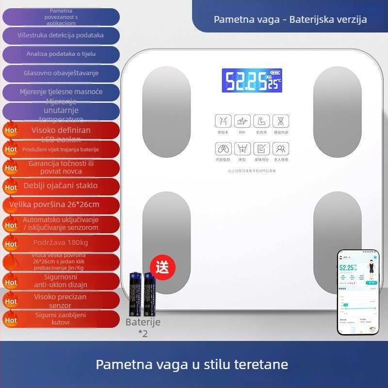 Vaga za tjelesnu masnoću s Bluetoothom, USB-C punjačem, visoka preciznost, kućna upotreba