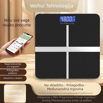 Pametne Bluetooth vaga za tjelesni udio CB2615, LCD 60x24, 0,2–180 kg, kaljeno staklo, USB-C punjenje