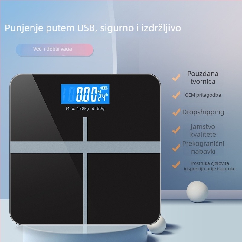 Pametne Bluetooth vaga za tjelesni udio CB2615, LCD 60x24, 0,2–180 kg, kaljeno staklo, USB-C punjenje