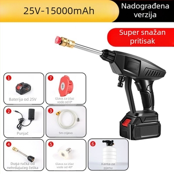 Prijenosni bežični visokotlačni pištolj za pranje automobila – ST-2, 50 bar, domet raspršivanja 6–8 m, litij baterija, plastika + nehrđajući čelik