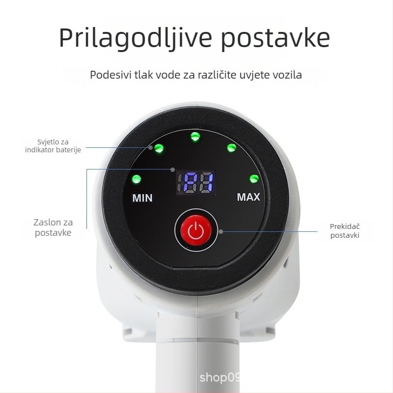 Bežični visokotlačni pištolj za pranje automobila, 21V Li-Po baterija, tlak 3,8 MPa, višestruka mlaznica, domet 0–10 m