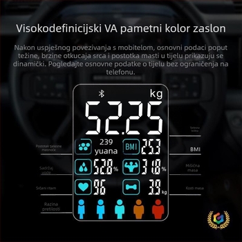 Vaga za tjelesnu masnoću s Bluetoothom, iOS aplikacija, 4 visokoprecizna senzora, raspon 0,3–180 kg, kaljeno staklo