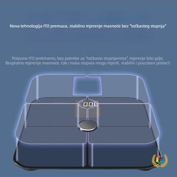 Vaga za tjelesnu masnoću s Bluetoothom, iOS aplikacija, 4 visokoprecizna senzora, raspon 0,3–180 kg, kaljeno staklo