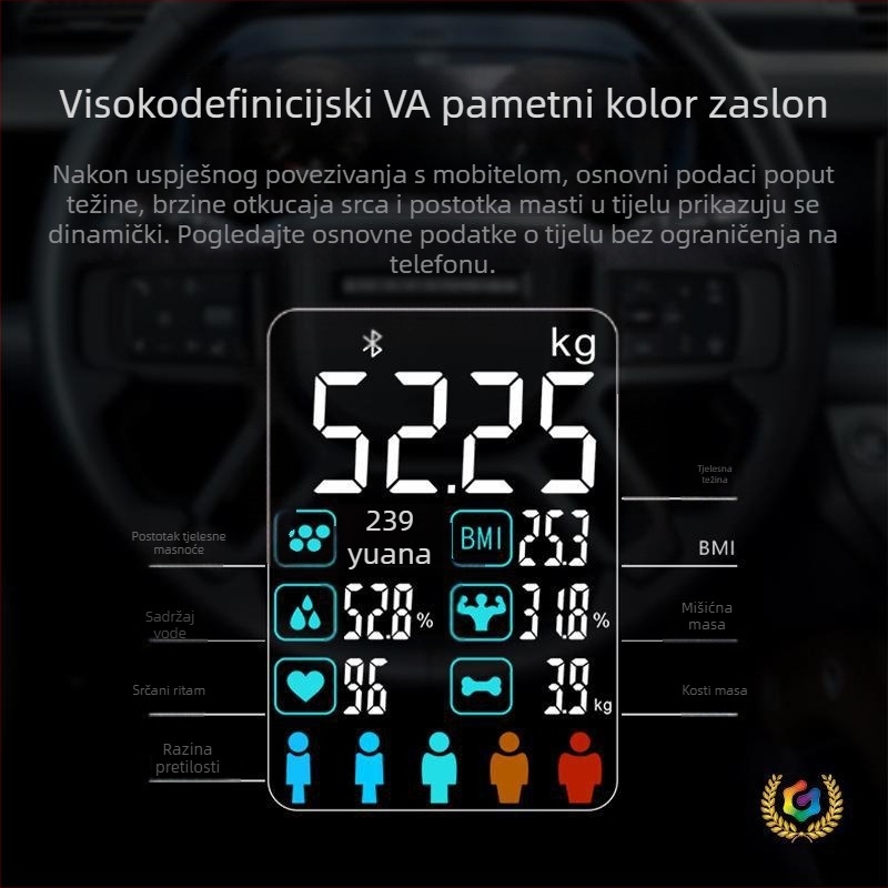 Vaga za tjelesnu masnoću s Bluetoothom, iOS aplikacija, 4 visokoprecizna senzora, raspon 0,3–180 kg, kaljeno staklo
