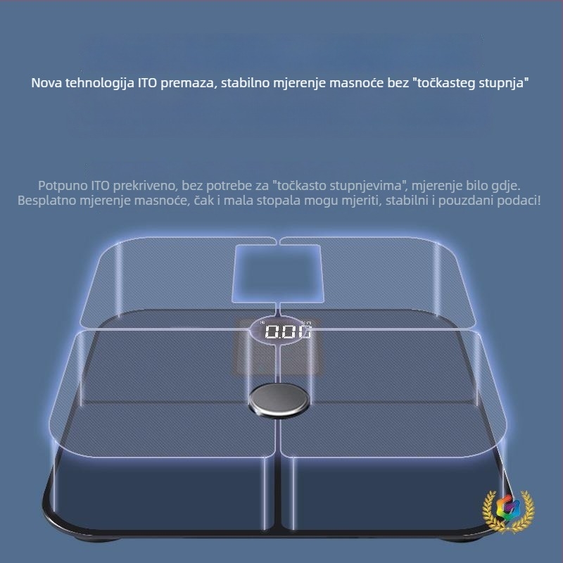 Vaga za tjelesnu masnoću s Bluetoothom, iOS aplikacija, 4 visokoprecizna senzora, raspon 0,3–180 kg, kaljeno staklo