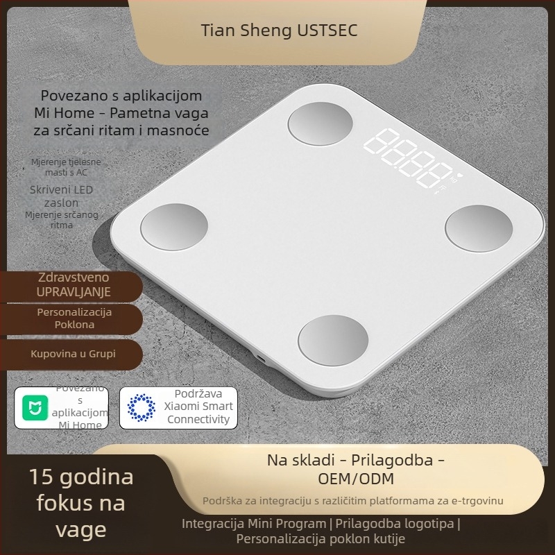 Vaga za tjelesnu masnoću s Bluetoothom, iOS aplikacija, 4 visokoprecizna senzora, raspon 0,3–180 kg, kaljeno staklo
