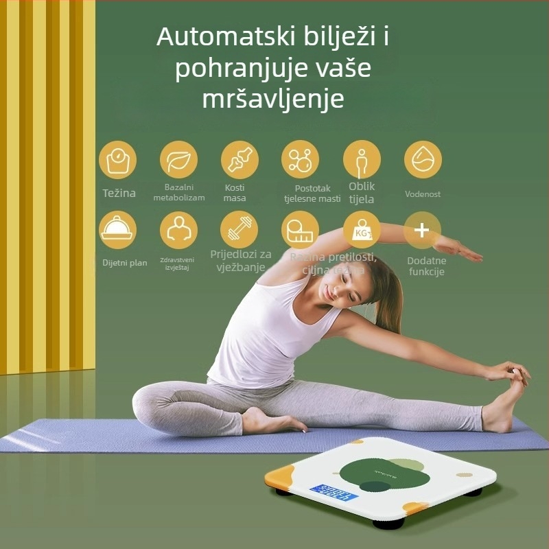 Vaga za tjelesnu masnoću s Bluetooth povezivanjem i USB punjenjem, nosivost 180 kg, mjeri težinu, tjelesnu masnoću, kalorije i vlagu.