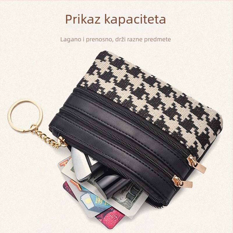 PU novčanik za novčiće, karirani uzorak, 1-sklopni dizajn, sklopiv, unisex, proljeće 2025