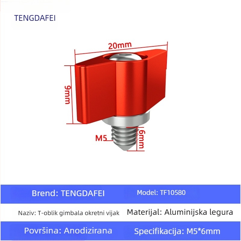 TF10580 PTZ zaključni vijak s T-oblikom podešavanja ručke, M3/M4/M5/M6, aluminijska legura + čelik, za različite male PTZ, nosivost 2–5 kg