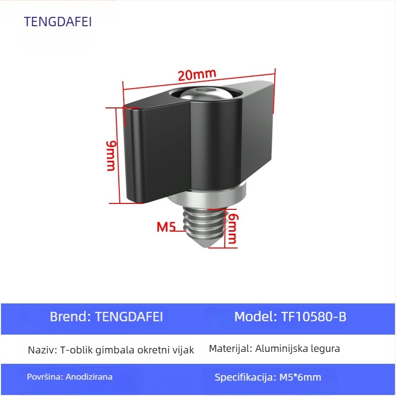TF10580 PTZ zaključni vijak s T-oblikom podešavanja ručke, M3/M4/M5/M6, aluminijska legura + čelik, za različite male PTZ, nosivost 2–5 kg