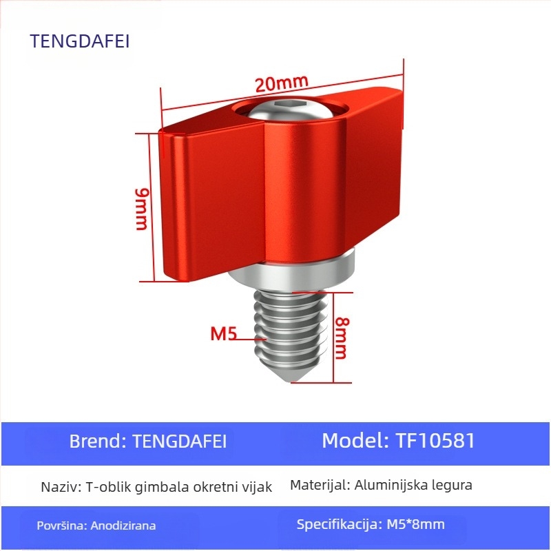 TF10580 PTZ zaključni vijak s T-oblikom podešavanja ručke, M3/M4/M5/M6, aluminijska legura + čelik, za različite male PTZ, nosivost 2–5 kg