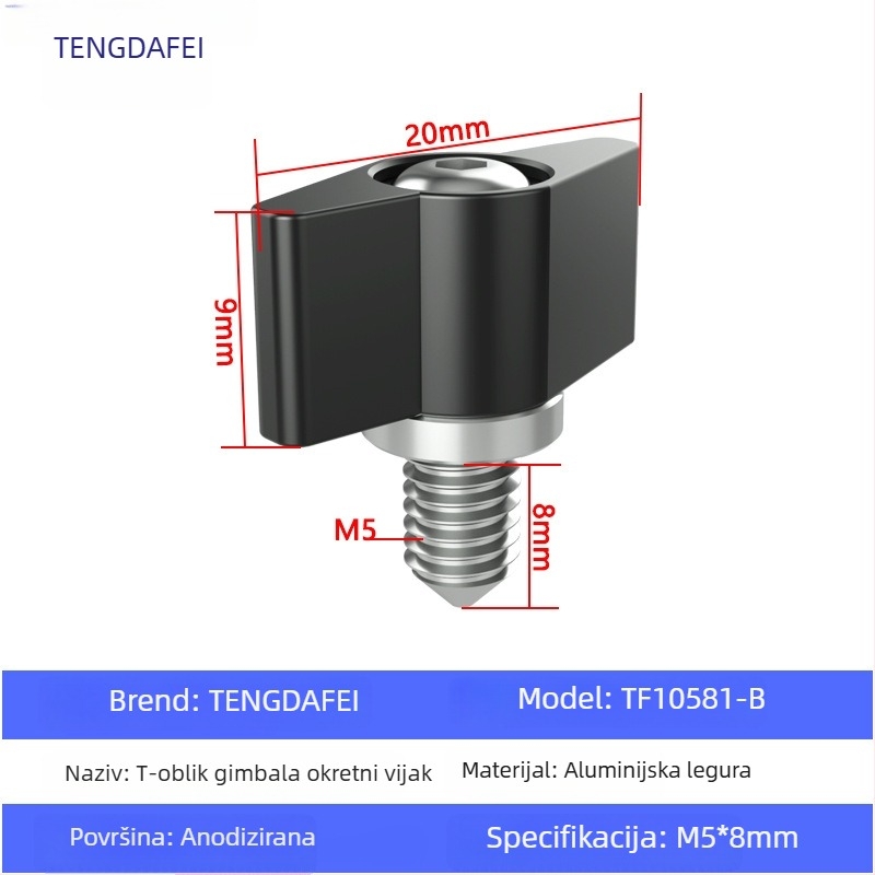 TF10580 PTZ zaključni vijak s T-oblikom podešavanja ručke, M3/M4/M5/M6, aluminijska legura + čelik, za različite male PTZ, nosivost 2–5 kg