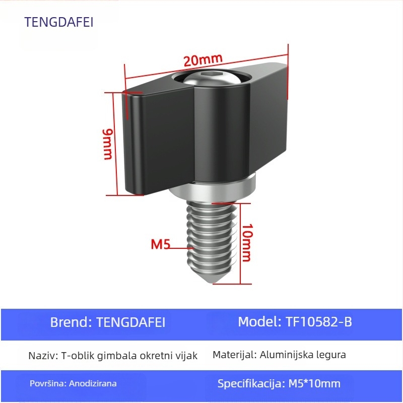 TF10580 PTZ zaključni vijak s T-oblikom podešavanja ručke, M3/M4/M5/M6, aluminijska legura + čelik, za različite male PTZ, nosivost 2–5 kg