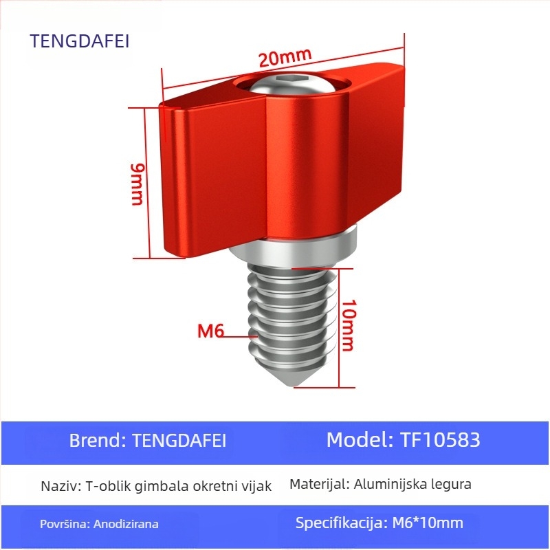 TF10580 PTZ zaključni vijak s T-oblikom podešavanja ručke, M3/M4/M5/M6, aluminijska legura + čelik, za različite male PTZ, nosivost 2–5 kg