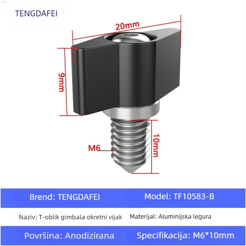 TF10580 PTZ zaključni vijak s T-oblikom podešavanja ručke, M3/M4/M5/M6, aluminijska legura + čelik, za različite male PTZ, nosivost 2–5 kg
