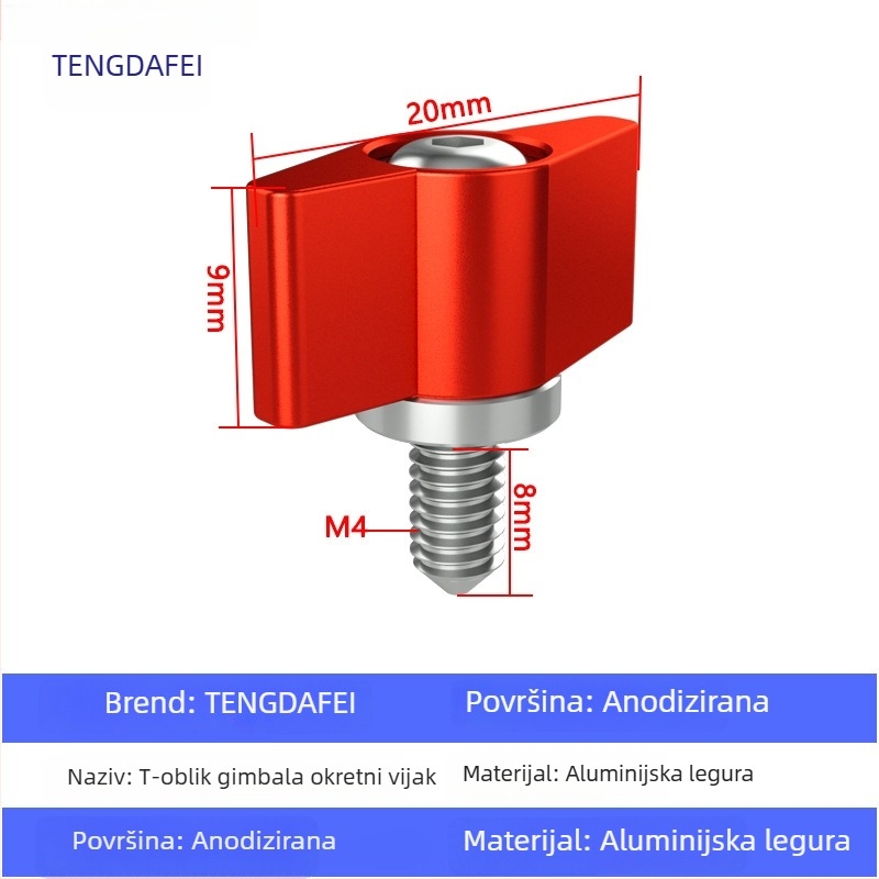 TF10580 PTZ zaključni vijak s T-oblikom podešavanja ručke, M3/M4/M5/M6, aluminijska legura + čelik, za različite male PTZ, nosivost 2–5 kg