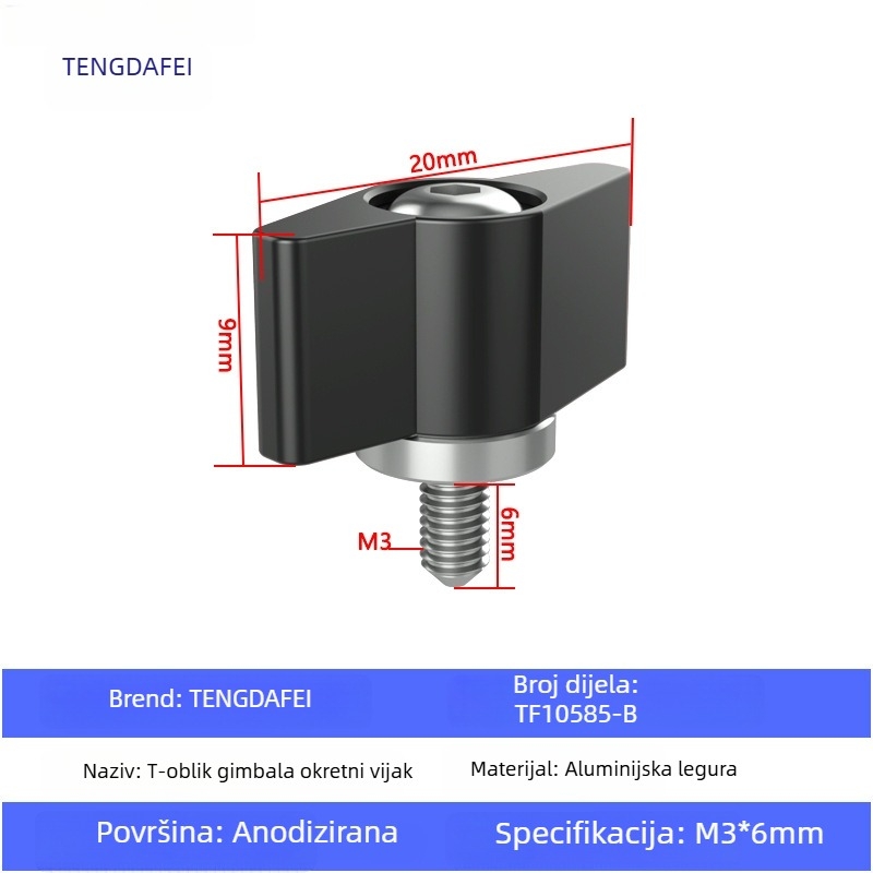 TF10580 PTZ zaključni vijak s T-oblikom podešavanja ručke, M3/M4/M5/M6, aluminijska legura + čelik, za različite male PTZ, nosivost 2–5 kg