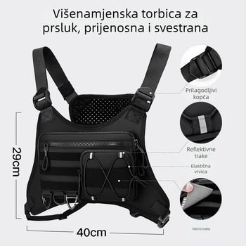 Muška taktička torbica za prsa, reflektirajući dizajn za vožnju biciklom, prozračni poliester, podesivi remen, kompatibilno s 9-inčnim prijenosnim računalom