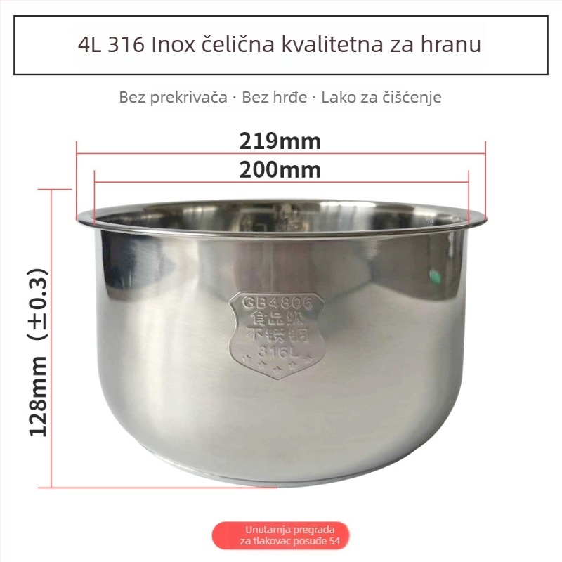 Električni tlak-kuhalo s unutarnjim slojem od 316 nerđajućeg čelika; višestruke namjene (riža, meso, juha i kuhanje na paru); poklopac od nehrđajućeg čelika s prstenom od čelika i silikon brtvom