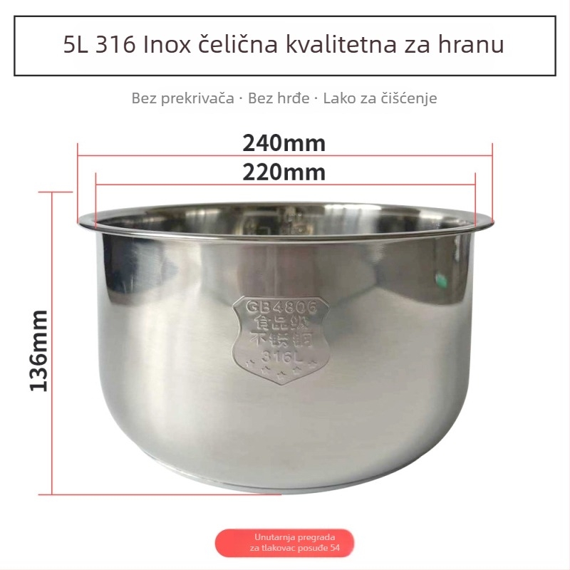 Električni tlak-kuhalo s unutarnjim slojem od 316 nerđajućeg čelika; višestruke namjene (riža, meso, juha i kuhanje na paru); poklopac od nehrđajućeg čelika s prstenom od čelika i silikon brtvom