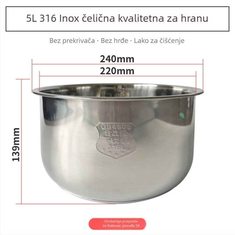 Električni tlak-kuhalo s unutarnjim slojem od 316 nerđajućeg čelika; višestruke namjene (riža, meso, juha i kuhanje na paru); poklopac od nehrđajućeg čelika s prstenom od čelika i silikon brtvom