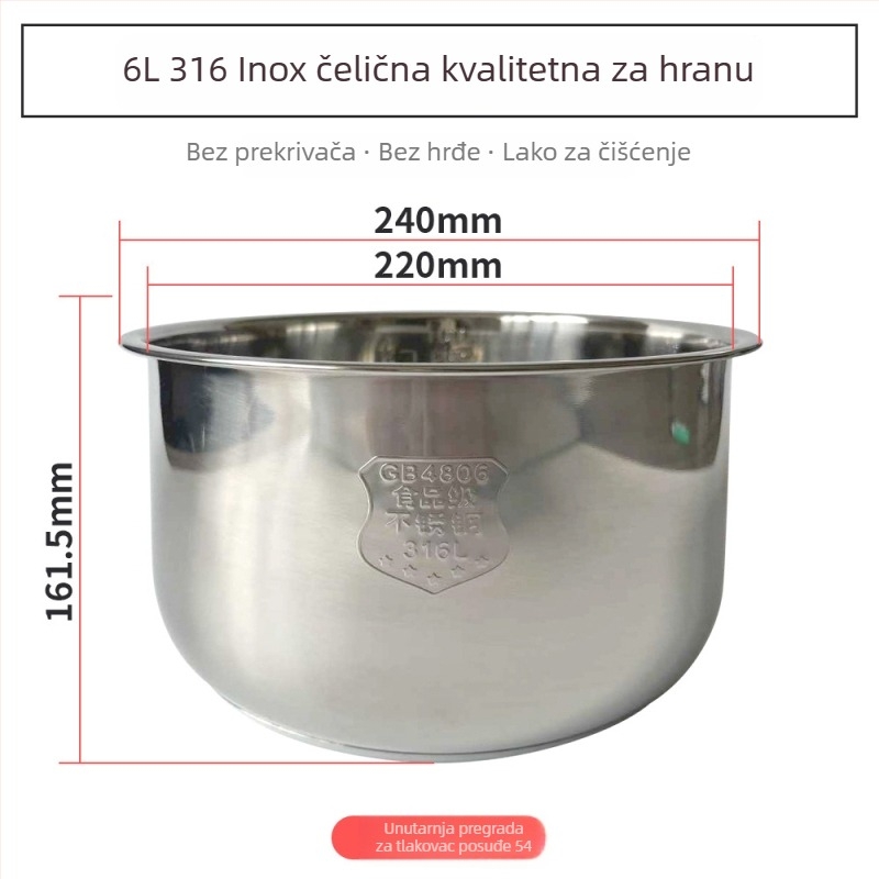 Električni tlak-kuhalo s unutarnjim slojem od 316 nerđajućeg čelika; višestruke namjene (riža, meso, juha i kuhanje na paru); poklopac od nehrđajućeg čelika s prstenom od čelika i silikon brtvom
