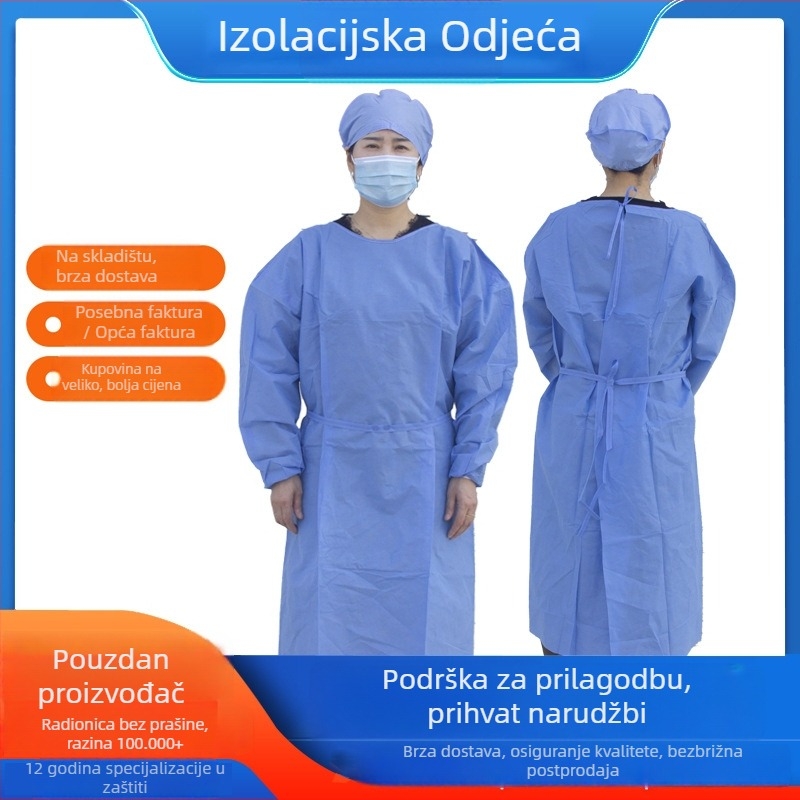 Jednokratni izolacijski halat od SMS netkanog materijala, 45 g, otporan na prašinu i vodu, za bolnice i farme