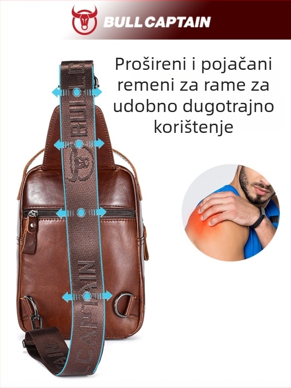 Muška kožna torbica za prsa, velika kapaciteta, koža prvog sloja, jednostruki remen preko ramena za tablet iPad i mobitel