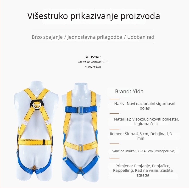 Yida Sigurnosni pojas — visokoučinkoviti poliester, sigurnosno užad 2,3 m (prilagodljiva duljina), protiv padanja