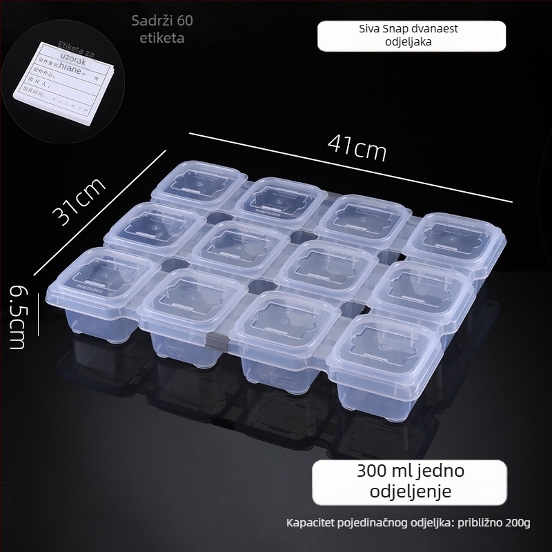 Plastična kutija za uzorke s 12 odjeljenja za kantinu, kvadratnog oblika, mikrovalna kompatibilna, kapacitet ispod 300 ml, s tiskanim logom