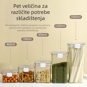 Zatvoren proziran plastični spremnik za hranu, prehrambene kvalitete, kvadratičnog oblika, kapacitet 1-2 L, za suhe namirnice i čaj